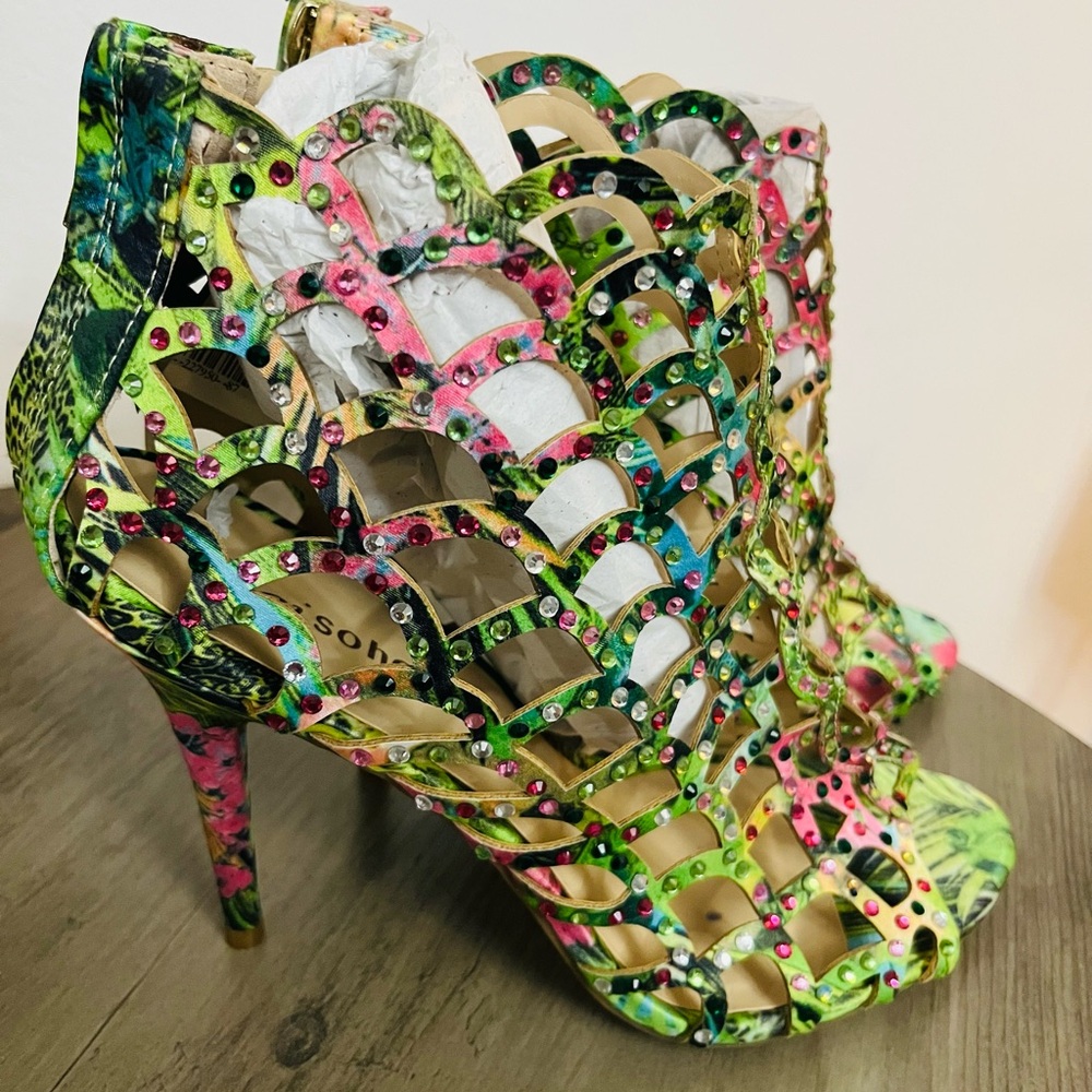 Zigi Soho Women's Multicolor Rhinestone Cutout 4 Inch High Heel Booties